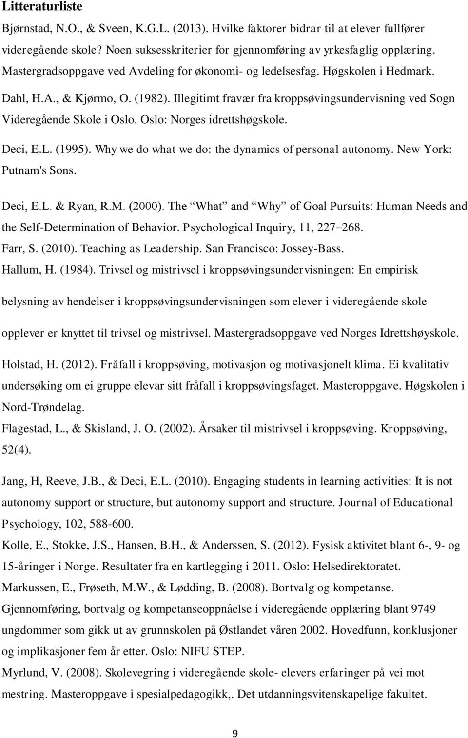 Oslo: Norges idrettshøgskole. Deci, E.L. (1995). Why we do what we do: the dynamics of personal autonomy. New York: Putnam's Sons. Deci, E.L. & Ryan, R.M. (2000).