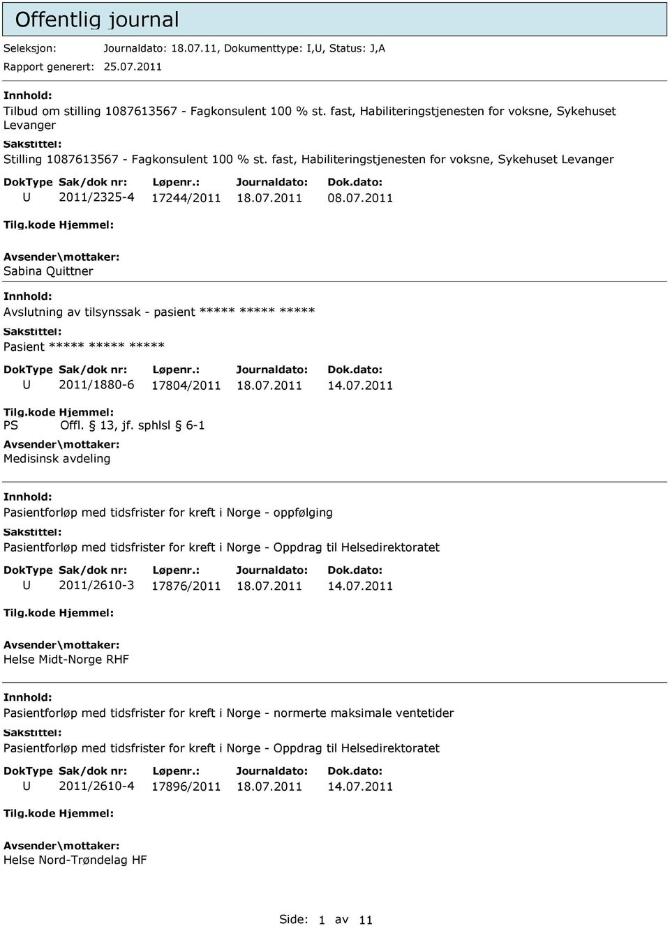 2011 Sabina Quittner Avslutning av tilsynssak - pasient ***** ***** ***** Pasient ***** ***** ***** 2011/1880-6 17804/2011 Medisinsk avdeling Pasientforløp med tidsfrister for kreft i Norge -