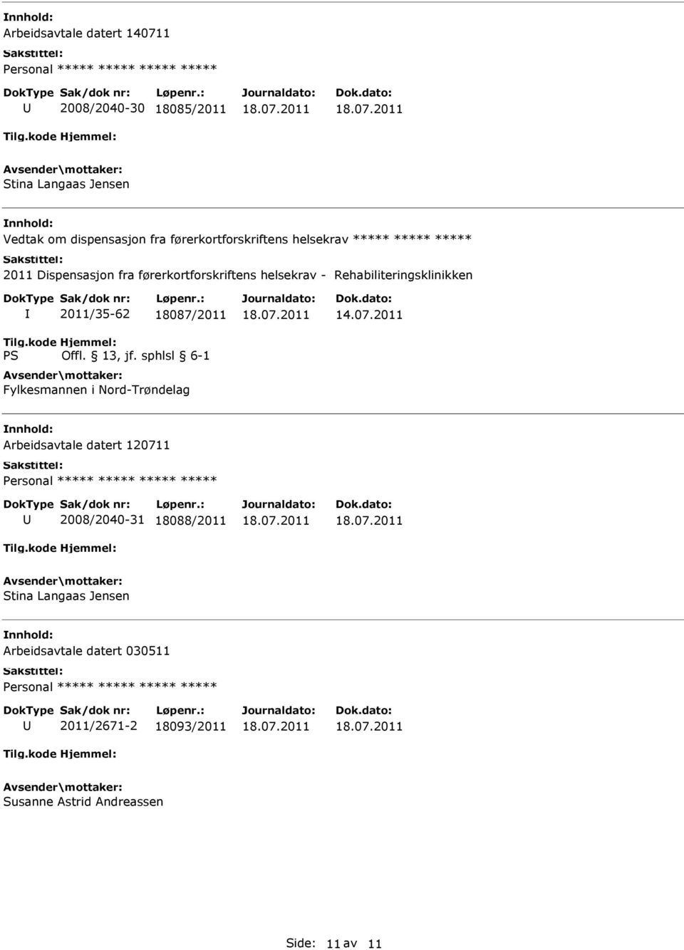 Rehabiliteringsklinikken 2011/35-62 18087/2011 Fylkesmannen i Nord-Trøndelag Arbeidsavtale datert 120711 *****