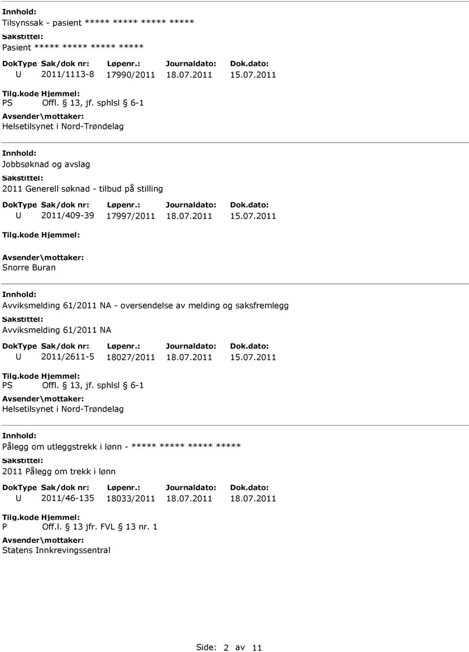 saksfremlegg Avviksmelding 61/2011 NA 2011/2611-5 18027/2011 Helsetilsynet i Nord-Trøndelag Pålegg om utleggstrekk i lønn - *****