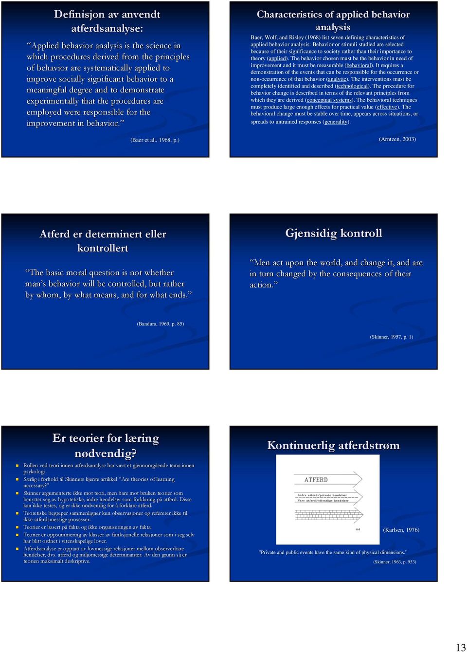 ) Characteristics of applied behavior analysis Baer, Wolf, and Risley (1968) list seven defining characteristics of applied behavior analysis: Behavior or stimuli studied are selected because of