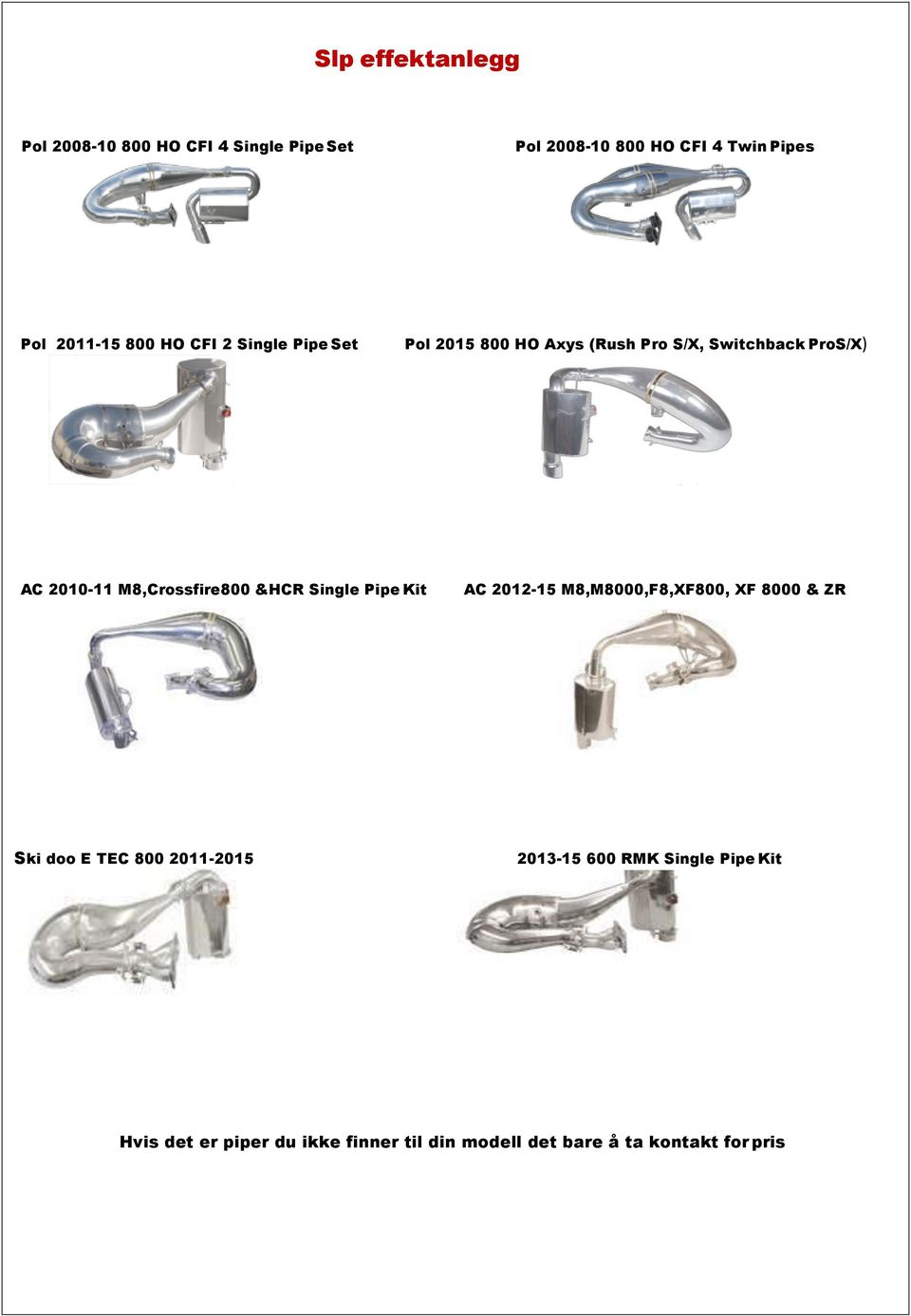 M8,Crossfire800 &HCR Single Pipe Kit AC 2012-15 M8,M8000,F8,XF800, XF 8000 & ZR Ski doo E TEC 800