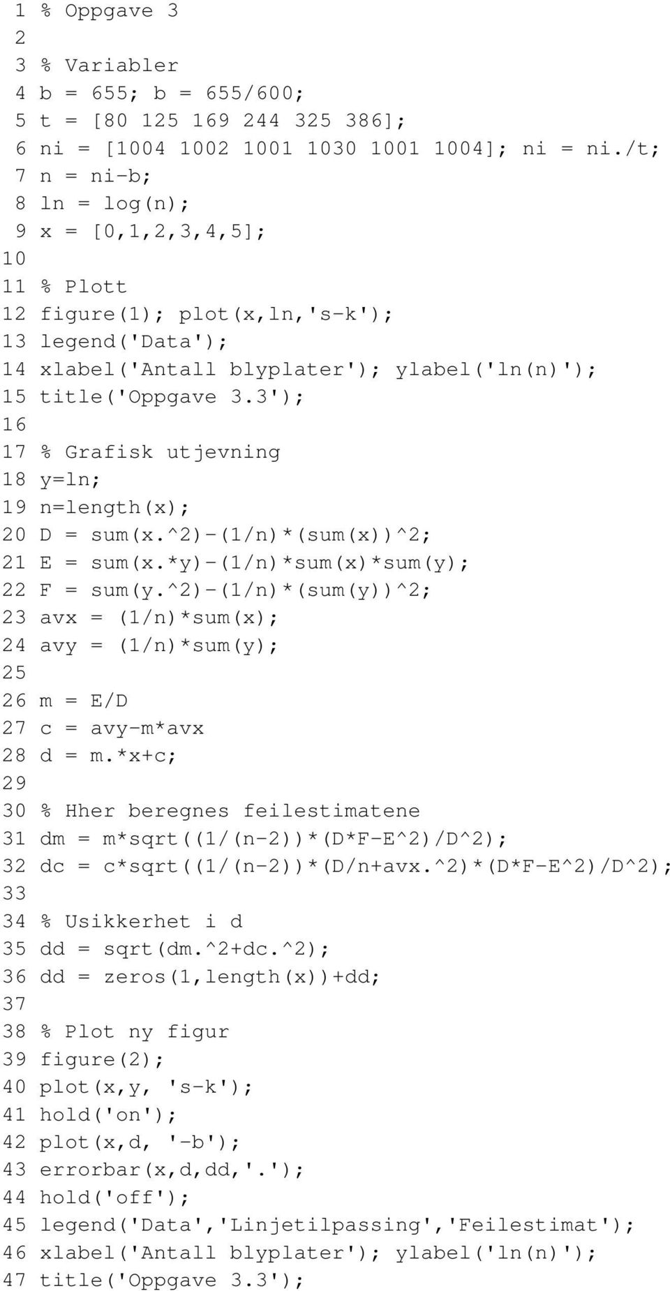 3'); 16 17 % Grafisk utjevning 18 y=ln; 19 n=length(x); 20 D = sum(x.^2)-(1/n)*(sum(x))^2; 21 E = sum(x.*y)-(1/n)*sum(x)*sum(y); 22 F = sum(y.