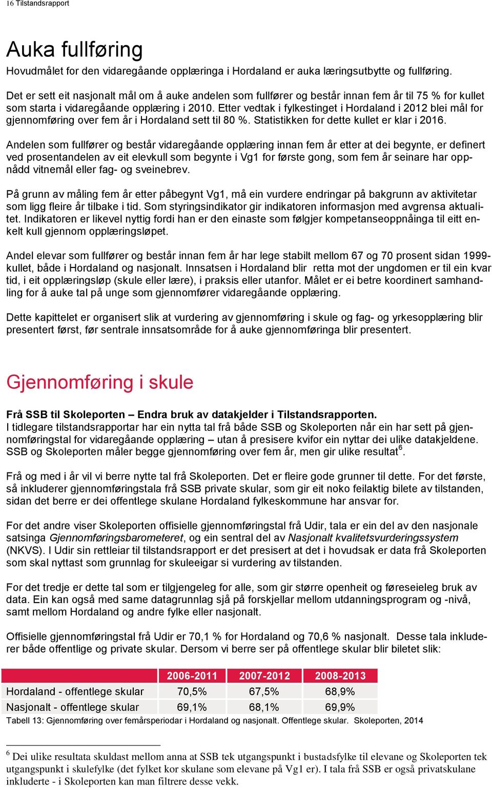 Etter vedtak i fylkestinget i Hordaland i 2012 blei mål for gjennomføring over fem år i Hordaland sett til 80 %. Statistikken for dette kullet er klar i 2016.