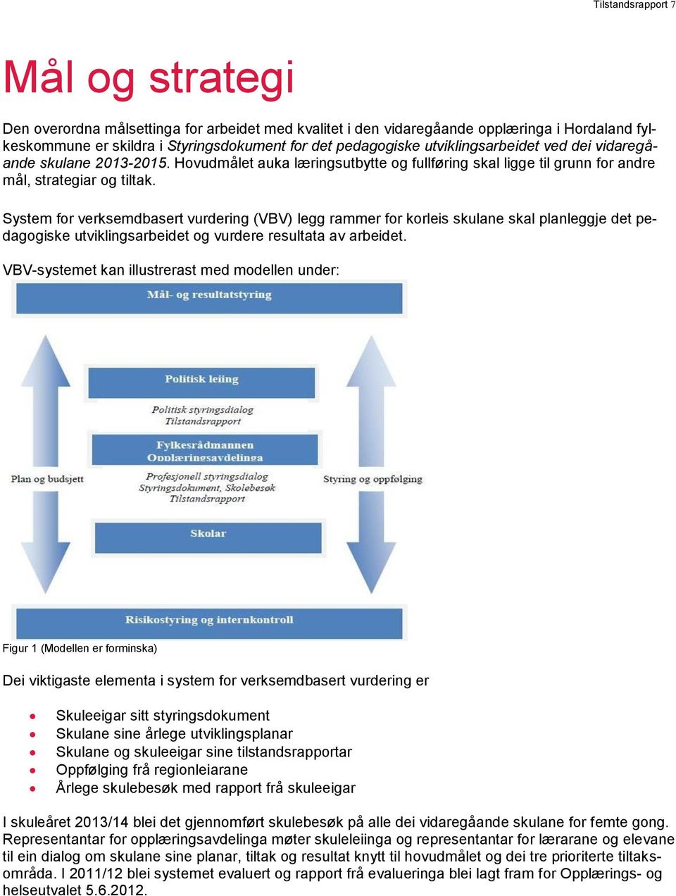 System for verksemdbasert vurdering (VBV) legg rammer for korleis skulane skal planleggje det pedagogiske utviklingsarbeidet og vurdere resultata av arbeidet.