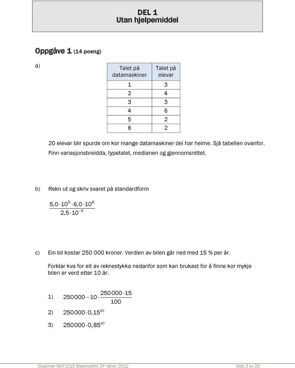 b) Rekn ut og skriv svaret på standardform 5 6 5,0 10 6,0 10 4 2,5 10 c) Ein bil kostar 250 000 kroner. Verdien av bilen går ned med 15 % per år.