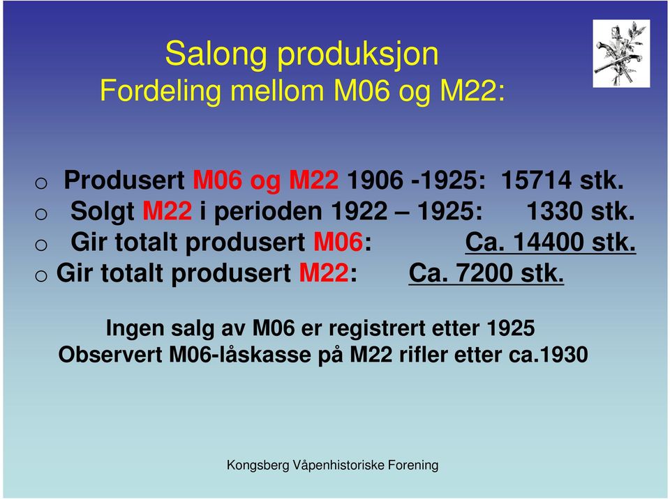 o Gir totalt produsert M06: Ca. 14400 stk. o Gir totalt produsert M22: Ca.