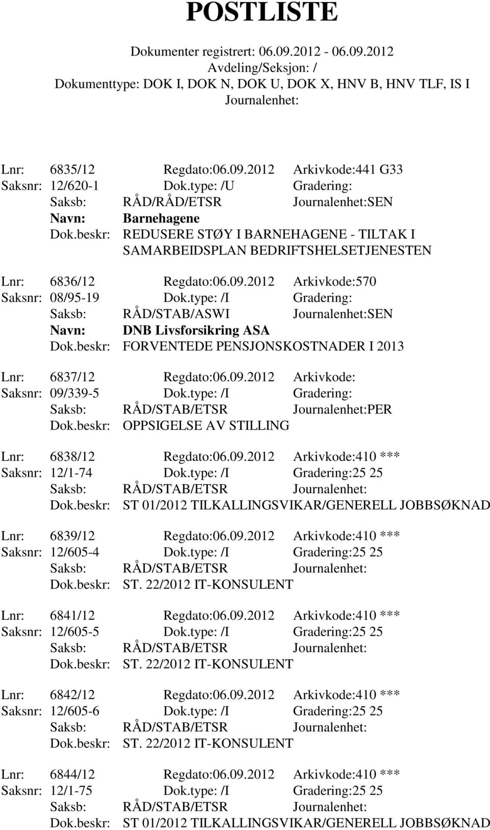 type: /I Gradering: Saksb: RÅD/STAB/ASWI SEN Navn: DNB Livsforsikring ASA Dok.beskr: FORVENTEDE PENSJONSKOSTNADER I 2013 Lnr: 6837/12 Regdato:06.09.2012 Arkivkode: Saksnr: 09/339-5 Dok.