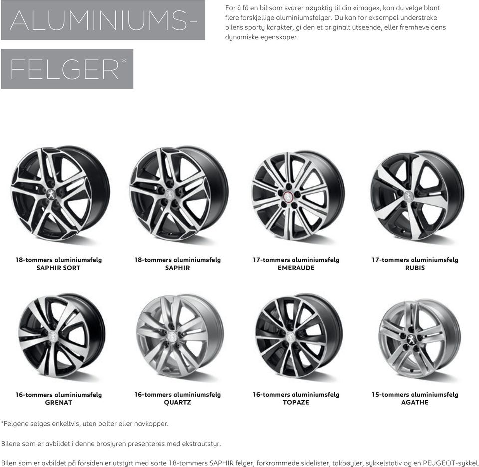 FELGER * 18-tommers aluminiumsfelg SAPHIR SORT 18-tommers aluminiumsfelg SAPHIR 17-tommers aluminiumsfelg EMERAUDE 17-tommers aluminiumsfelg RUBIS 16-tommers aluminiumsfelg GRENAT 16-tommers