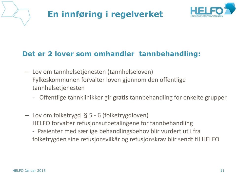 for enkelte grupper Lov om folketrygd 5-6 (folketrygdloven) HELFO forvalter refusjonsutbetalingene for tannbehandling -