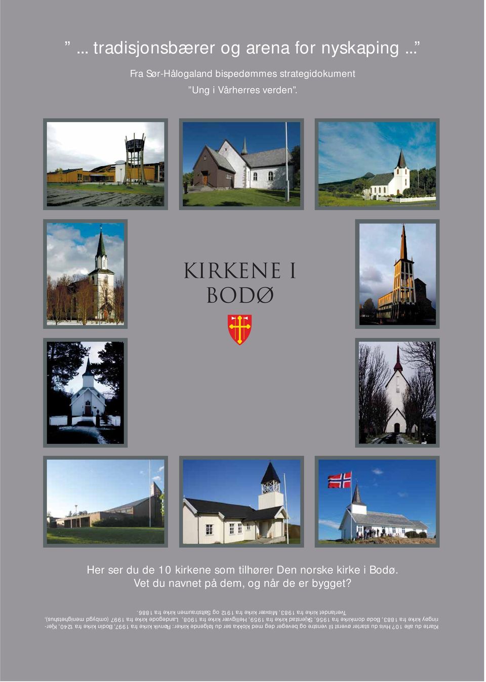 Hvis du starter øverst til venstre og beveger deg med klokka ser du følgende kirker: Rønvik kirke fra 1997, Bodin kirke fra 1240, Kjerringøy kirke fra