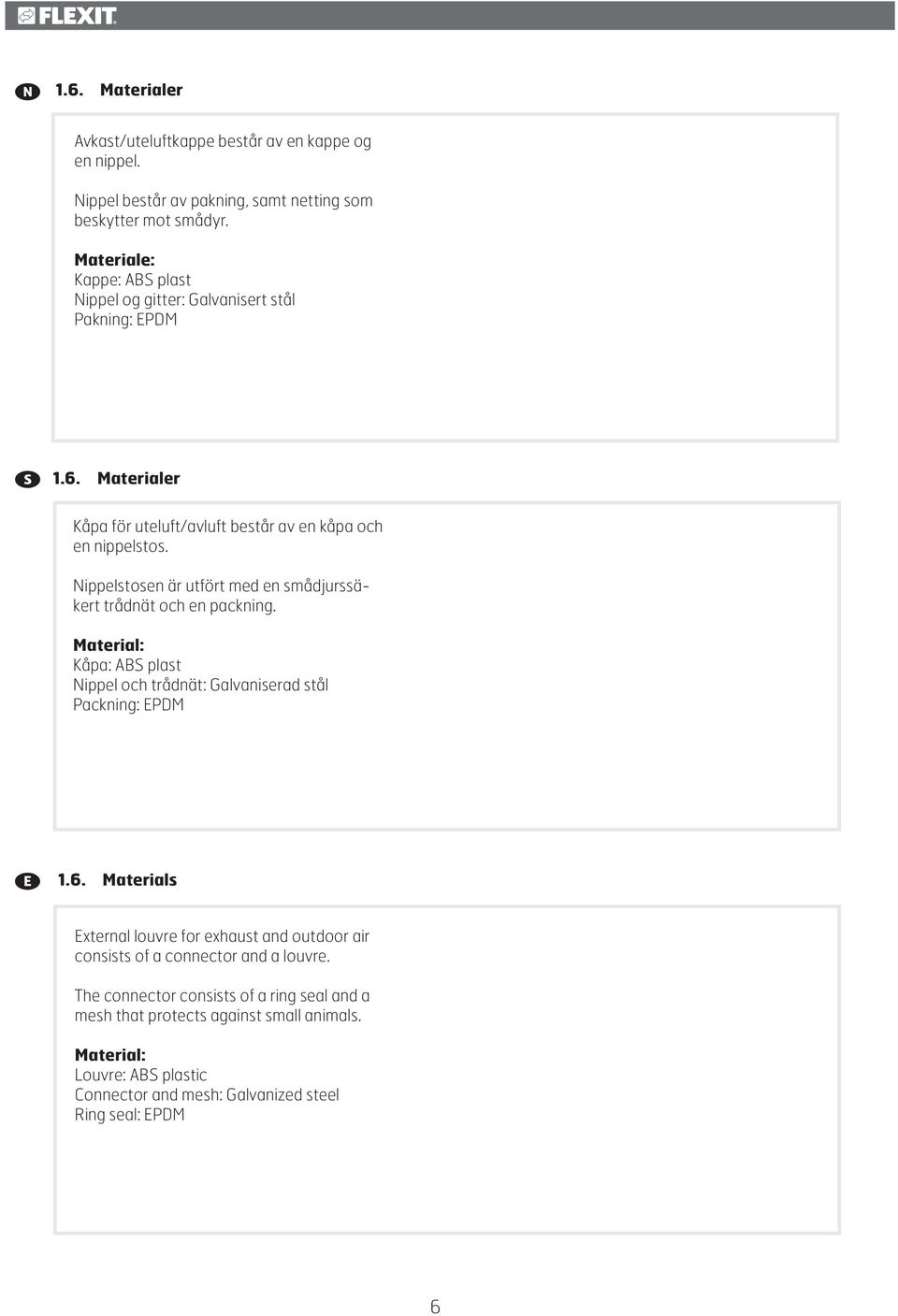 Nippelstosen är utfört med en smådjurssäkert trådnät och en packning. Material: Kåpa: ABS plast Nippel och trådnät: Galvaniserad stål Packning: EPDM 1.6.