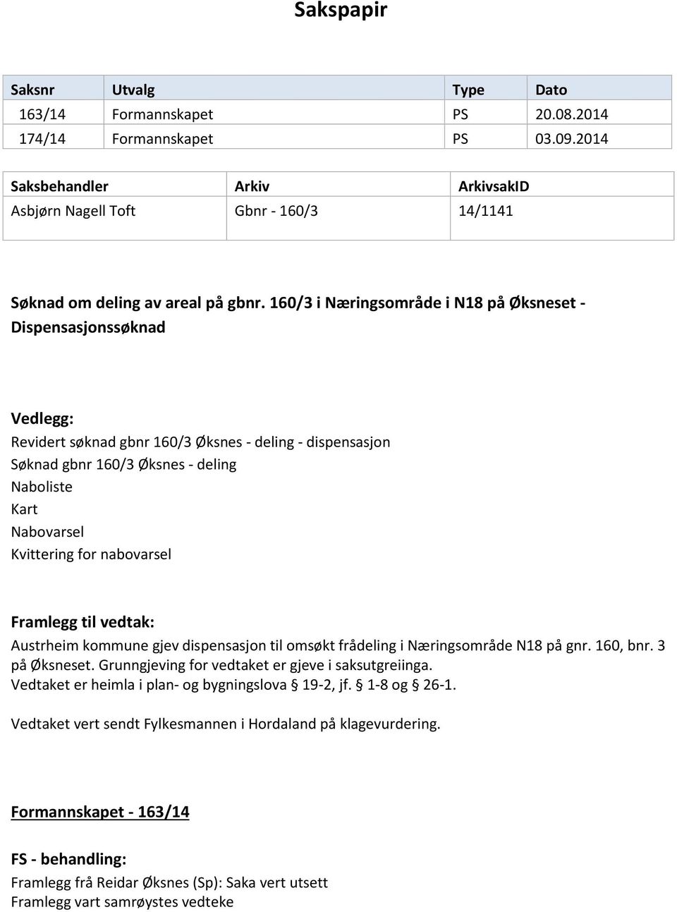 160/3 i Næringsområde i N18 på Øksneset - Dispensasjonssøknad Vedlegg: Revidert søknad gbnr 160/3 Øksnes - deling - dispensasjon Søknad gbnr 160/3 Øksnes - deling Naboliste Kart Nabovarsel Kvittering