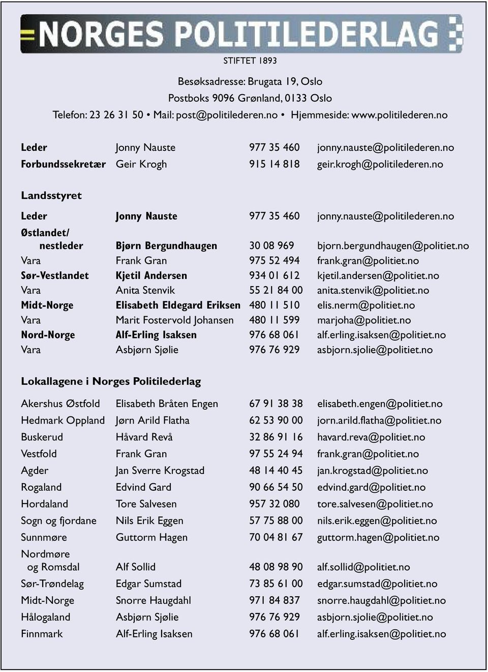 bergundhaugen@politiet.no Vara Frank Gran 975 52 494 frank.gran@politiet.no Sør-Vestlandet Kjetil Andersen 934 01 612 kjetil.andersen@politiet.no Vara Anita Stenvik 55 21 84 00 anita.stenvik@politiet.