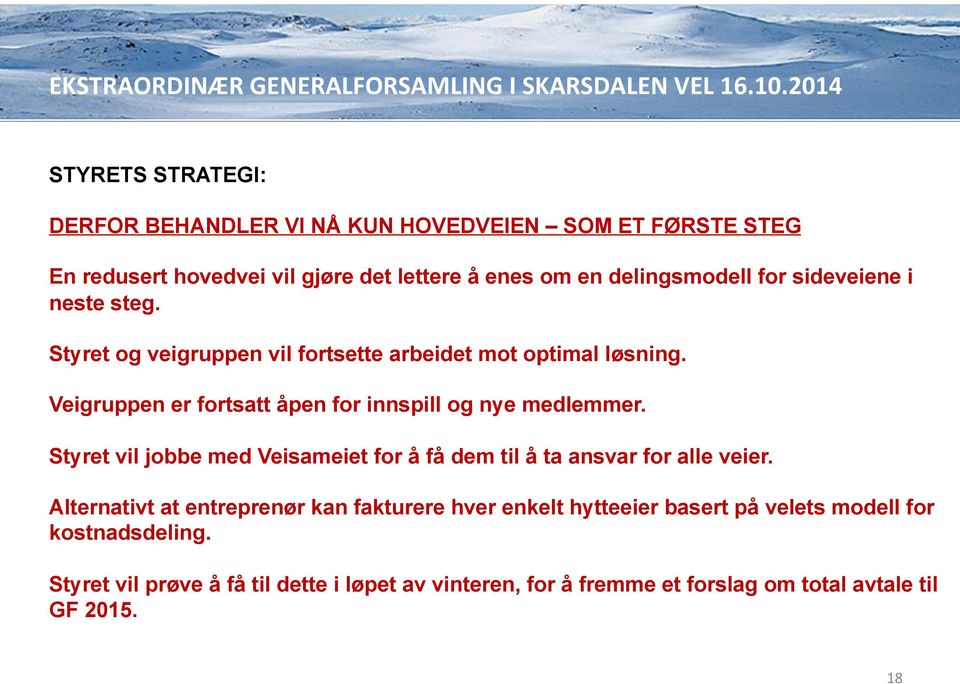 Veigruppen er fortsatt åpen for innspill og nye medlemmer. Styret vil jobbe med Veisameiet for å få dem til å ta ansvar for alle veier.