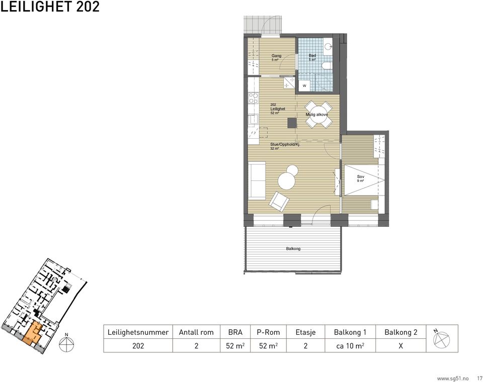 32 m² Sov 202 52 m² Mulig alkove Stue/Opphold/Kj.
