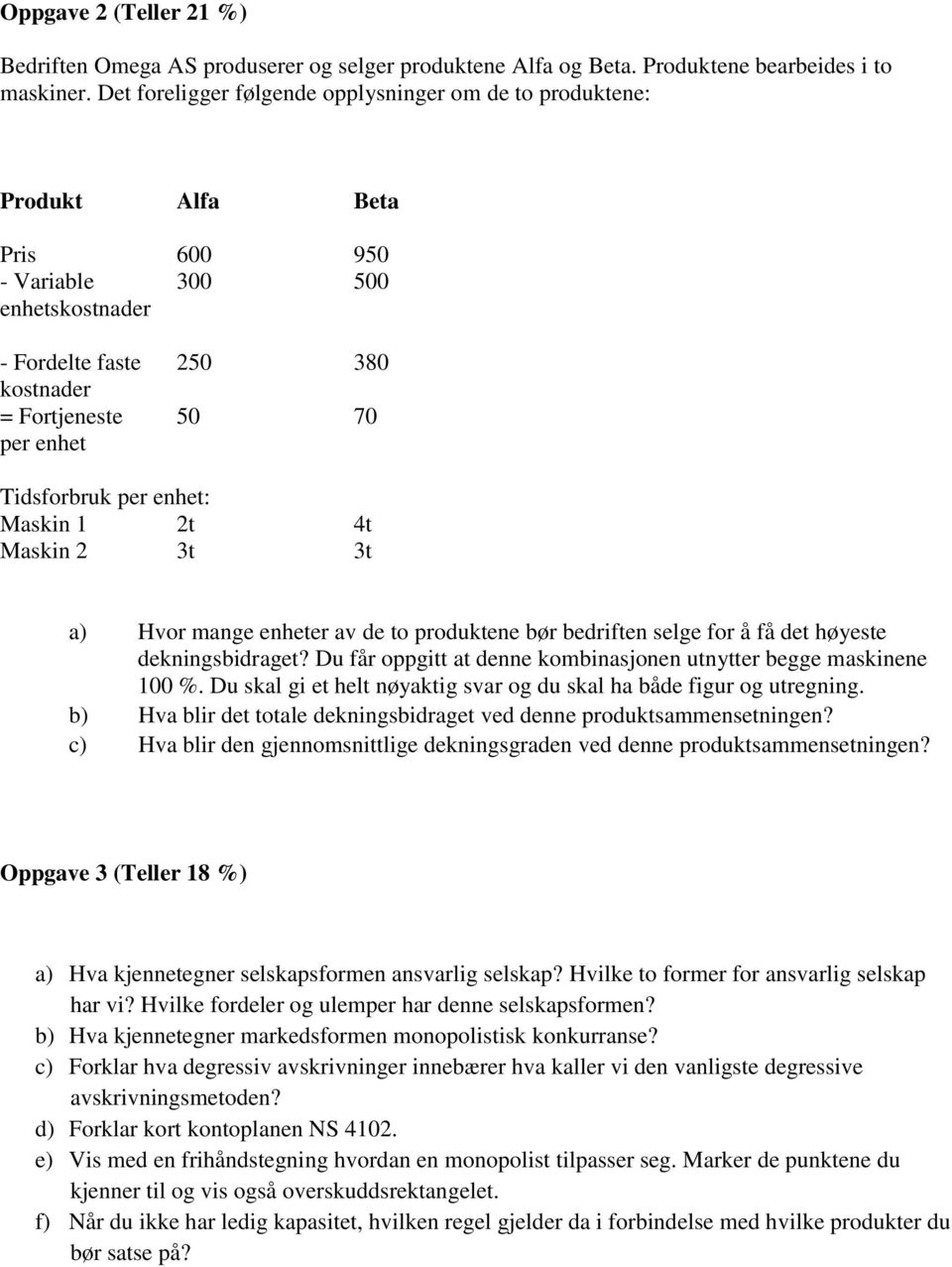 Tidsforbruk per enhet: Maskin 1 2t 4t Maskin 2 3t 3t a) Hvor mange enheter av de to produktene bør bedriften selge for å få det høyeste dekningsbidraget?