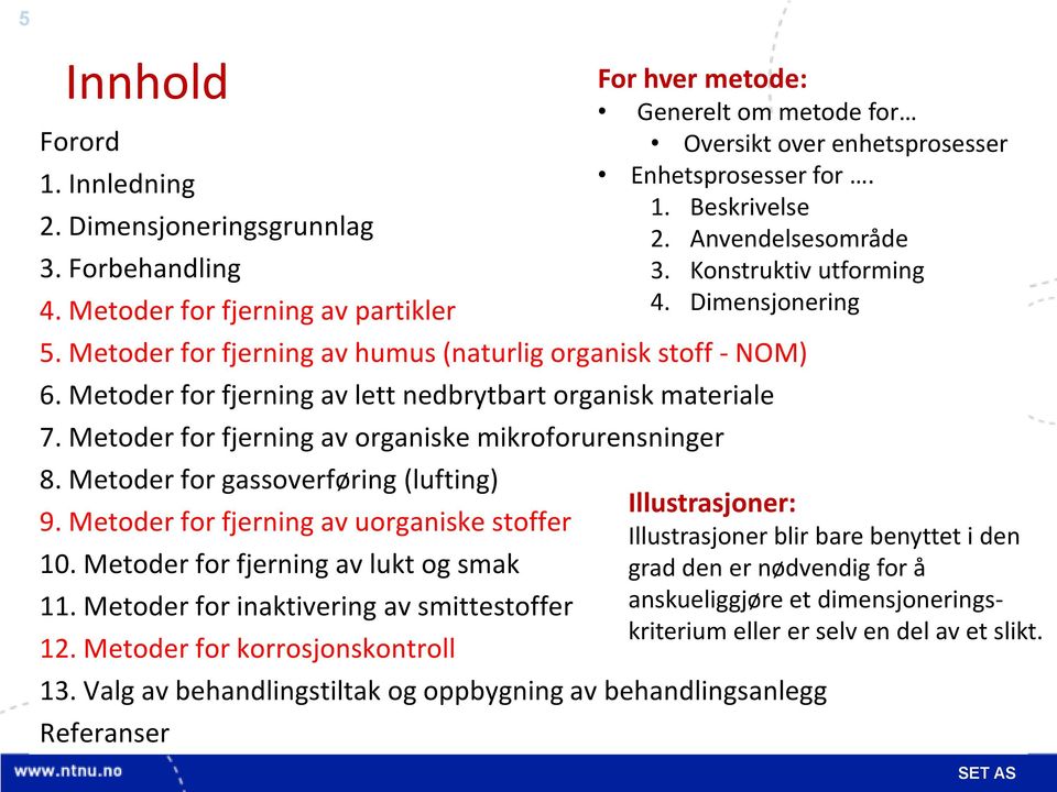 Metoder for fjerning av lett nedbrytbart organisk materiale 7. Metoder for fjerning av organiske mikroforurensninger 8. Metoder for gassoverføring (lufting) 9.