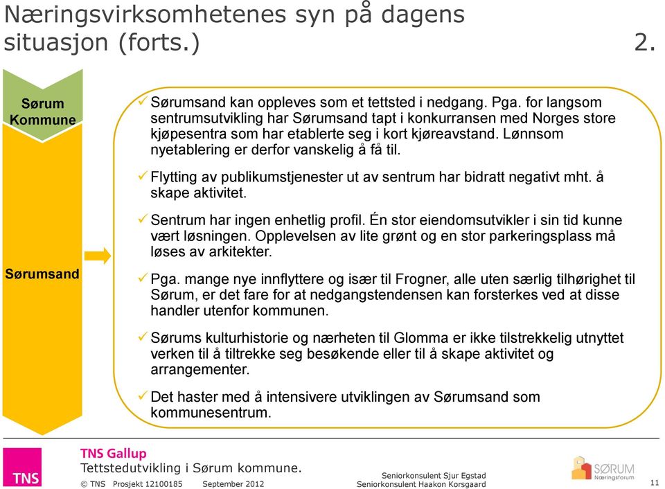 Flytting av publikumstjenester ut av sentrum har bidratt negativt mht. å skape aktivitet. Sørumsand Sentrum har ingen enhetlig profil. Én stor eiendomsutvikler i sin tid kunne vært løsningen.