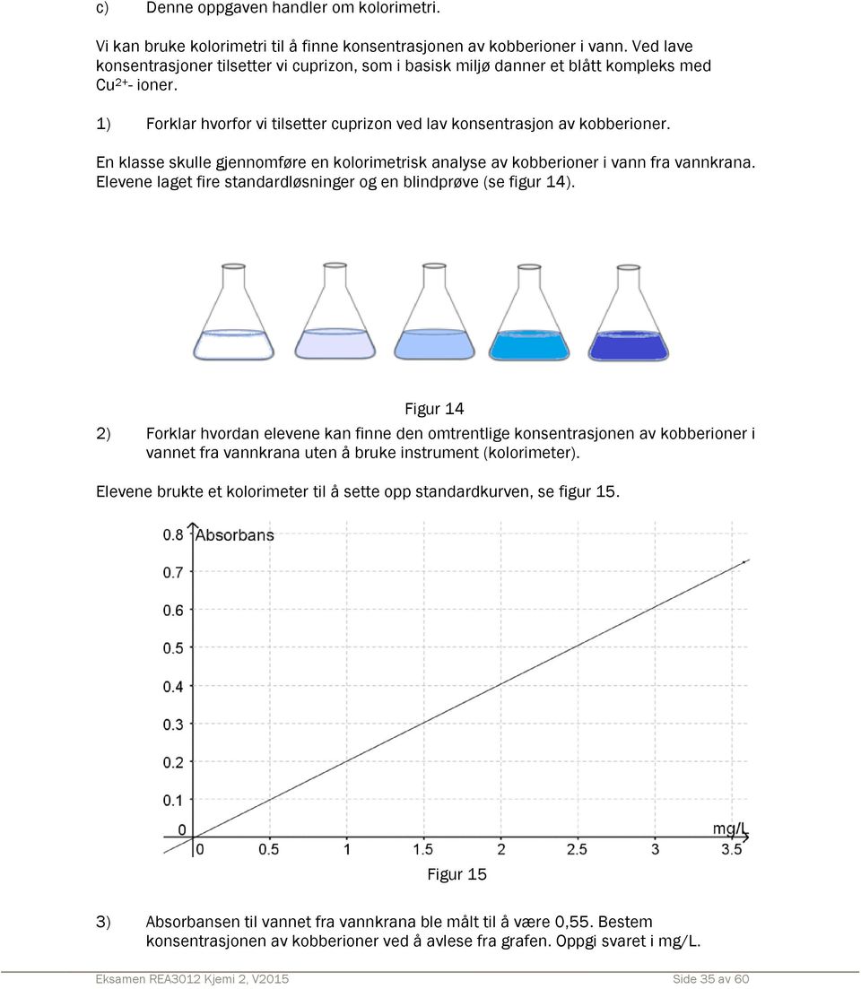 En klasse skulle gjennomføre en kolorimetrisk analyse av kobberioner i vann fra vannkrana. Elevene laget fire standardløsninger og en blindprøve (se figur 14).