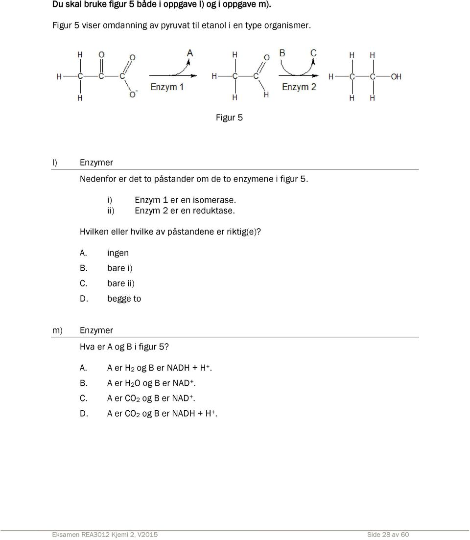 Hvilken eller hvilke av påstandene er riktig(e)? A. ingen B. bare i) C. bare ii) D. begge to m) Enzymer Hva er A og B i figur 5? A. A er H2 og B er NADH + H +.