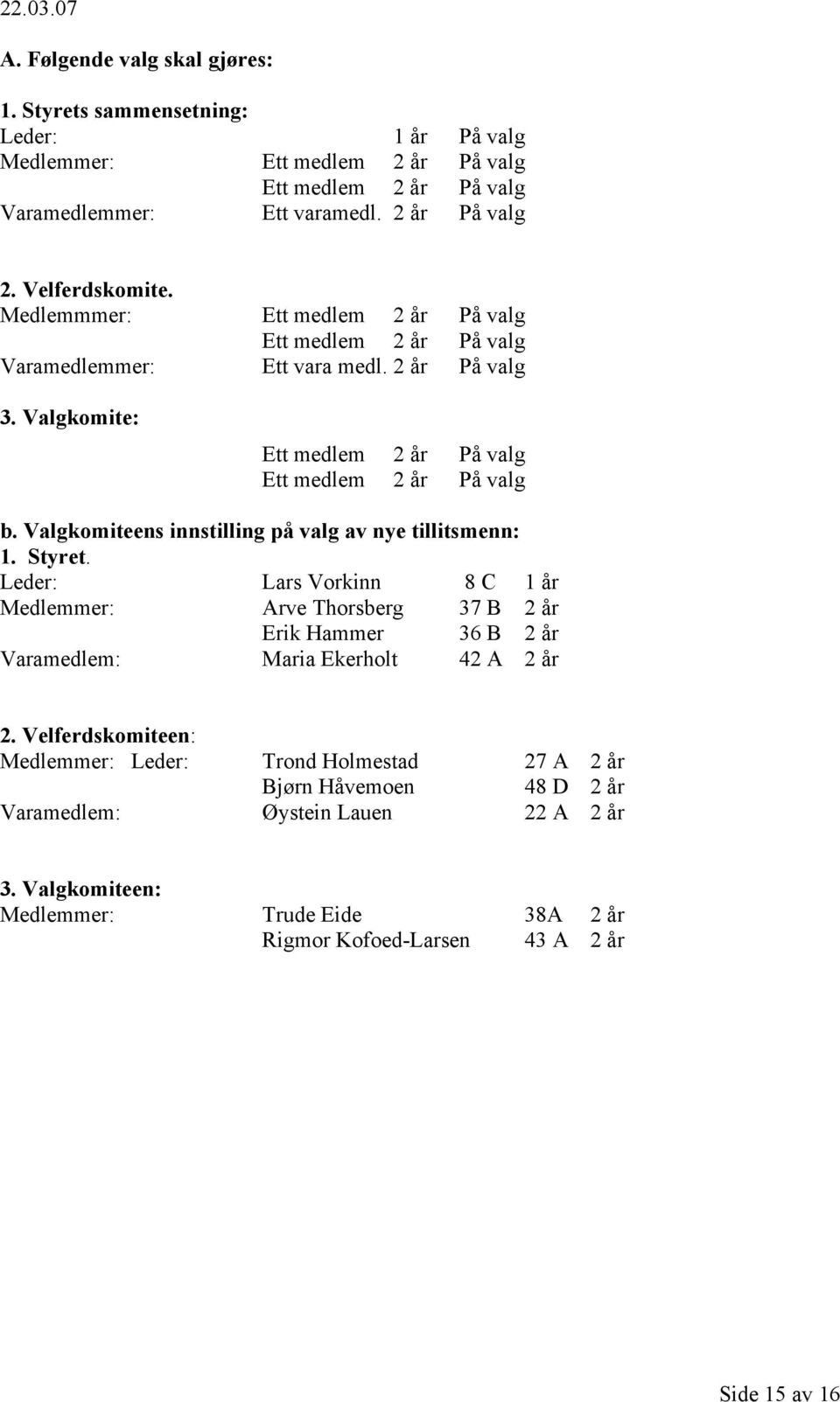 Valgkomiteens innstilling på valg av nye tillitsmenn: 1. Styret. Leder: Lars Vorkinn 8 C 1 år Medlemmer: Arve Thorsberg 37 B 2 år Erik Hammer 36 B 2 år Varamedlem: Maria Ekerholt 42 A 2 år 2.