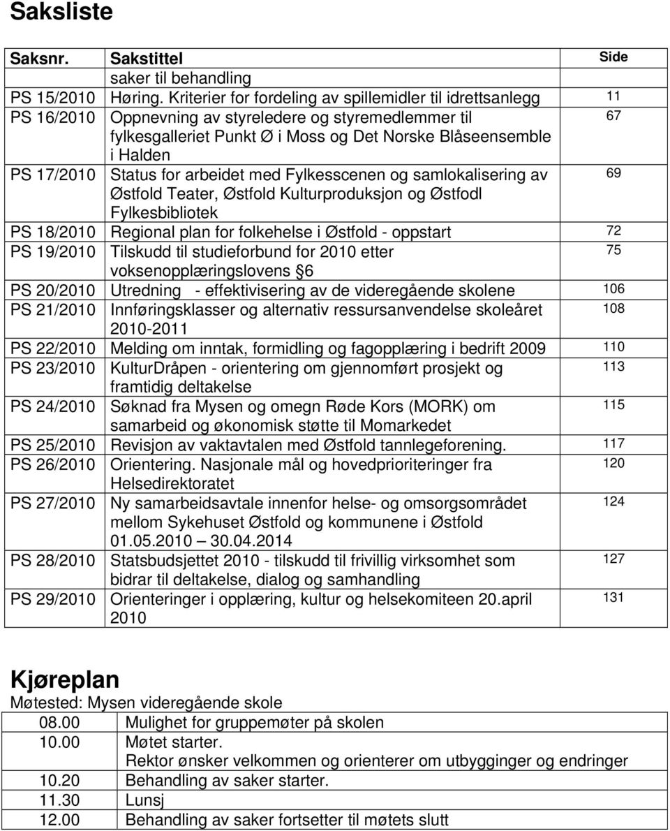 17/2010 Status for arbeidet med Fylkesscenen og samlokalisering av 69 Østfold Teater, Østfold Kulturproduksjon og Østfodl Fylkesbibliotek PS 18/2010 Regional plan for folkehelse i Østfold - oppstart