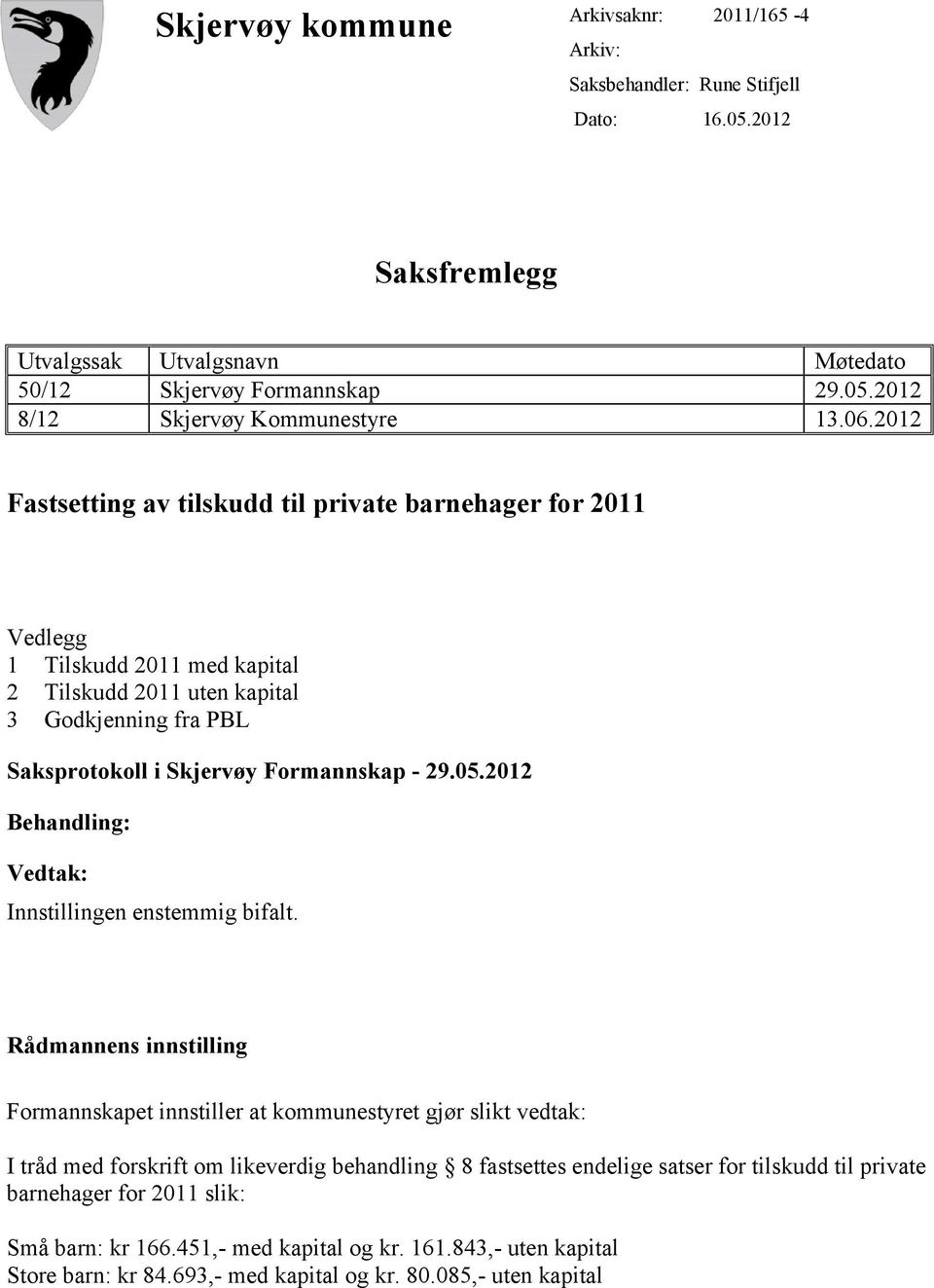 2012 Behandling: Vedtak: Innstillingen enstemmig bifalt.