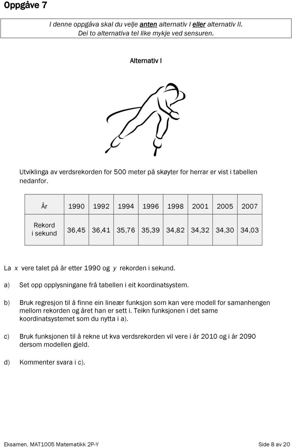 År 1990 1992 1994 1996 1998 2001 2005 2007 Rekord i sekund 36,45 36,41 35,76 35,39 34,82 34,32 34,30 34,03 La x vere talet på år etter 1990 og y rekorden i sekund.