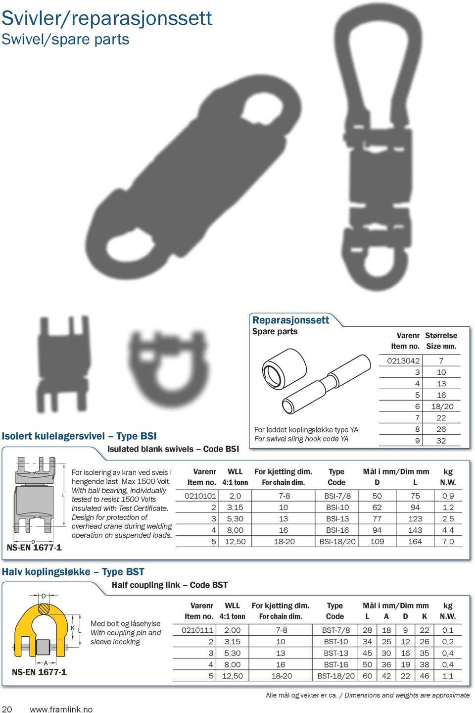 With ball bearing, individually tested to resist 1500 Volts insulated with Test Certificate. Design for protection of overhead crane during welding operation on suspended loads.