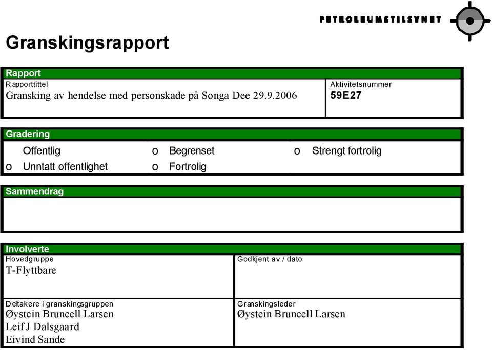 Fortrolig o Strengt fortrolig Involverte Hovedgruppe T-Flyttbare Godkjent av / dato Deltakere i