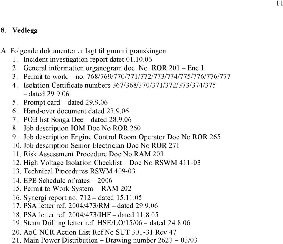 POB list Songa Dee dated 28.9.06 8. Job description IOM Doc No ROR 260 9. Job description Engine Control Room Operator Doc No ROR 265 10. Job description Senior Electrician Doc No ROR 271 11.