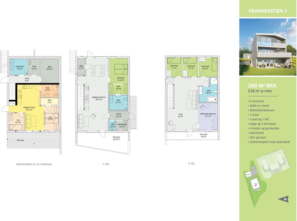 2 7,9 m 2 Entré 4,4 m 2 WC Garderobe 1,4 m 2 2,8 m 2 Stue 41 m 2 Bibliotek/lekerom 12,2 m 2 3 stuer 3 bad og 1 WC Hage og 3 terrasser 4 boder og garderobe