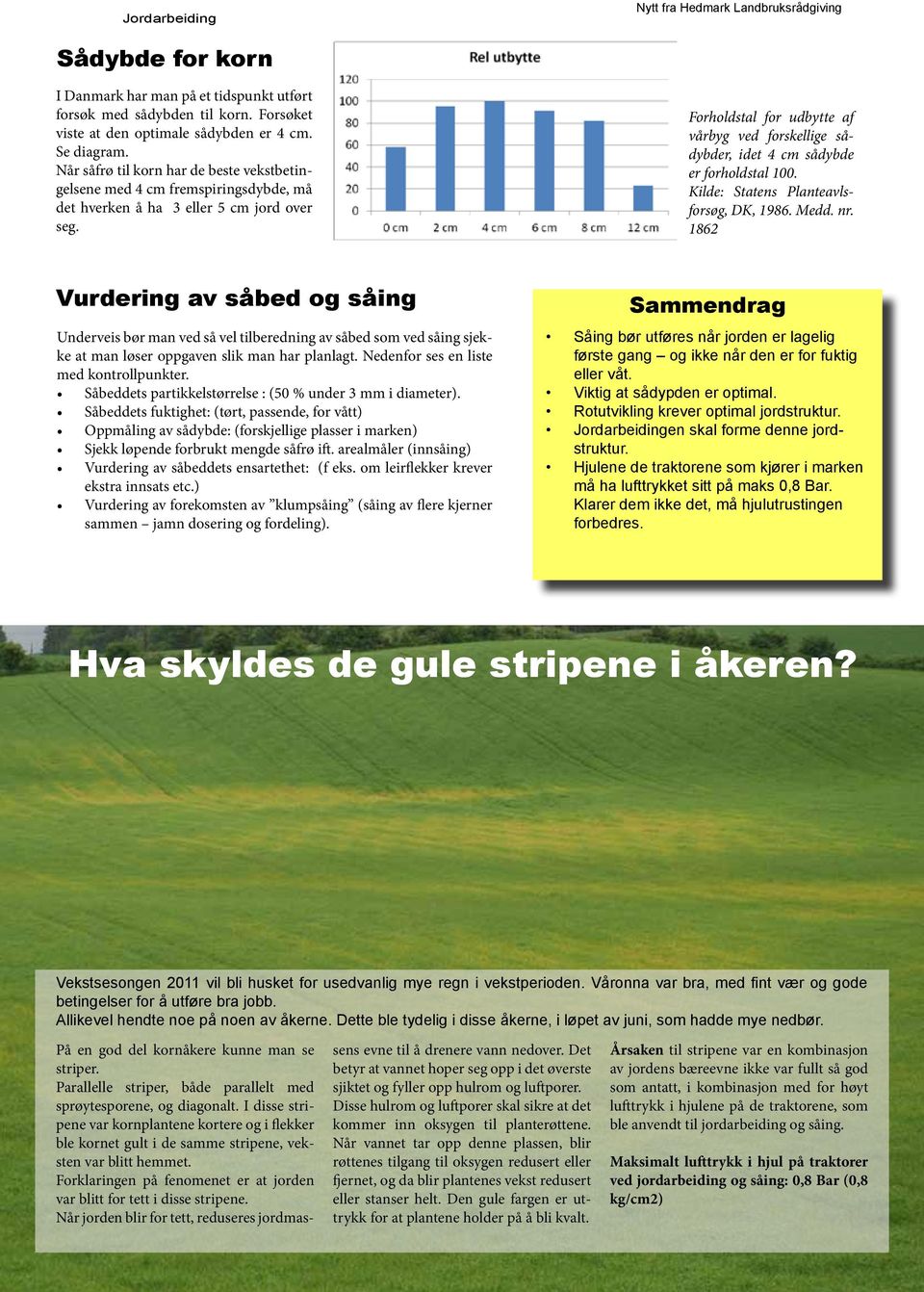 Forholdstal for udbytte af vårbyg ved forskellige sådybder, idet 4 cm sådybde er forholdstal 100. Kilde: Statens Planteavlsforsøg, DK, 1986. Medd. nr.