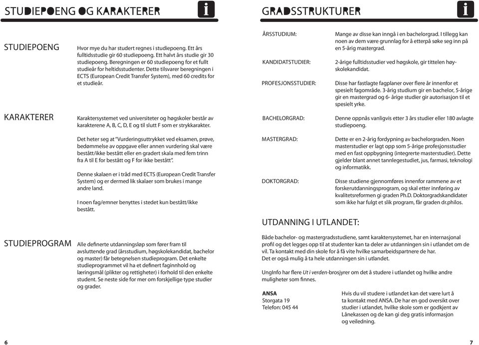 ÅRSSTUDIUM: KANDIDATSTUDIER: PROFESJONSSTUDIER: Mange av disse kan inngå i en bachelorgrad. I tillegg kan noen av dem være grunnlag for å etterpå søke seg inn på en 5-årig mastergrad.