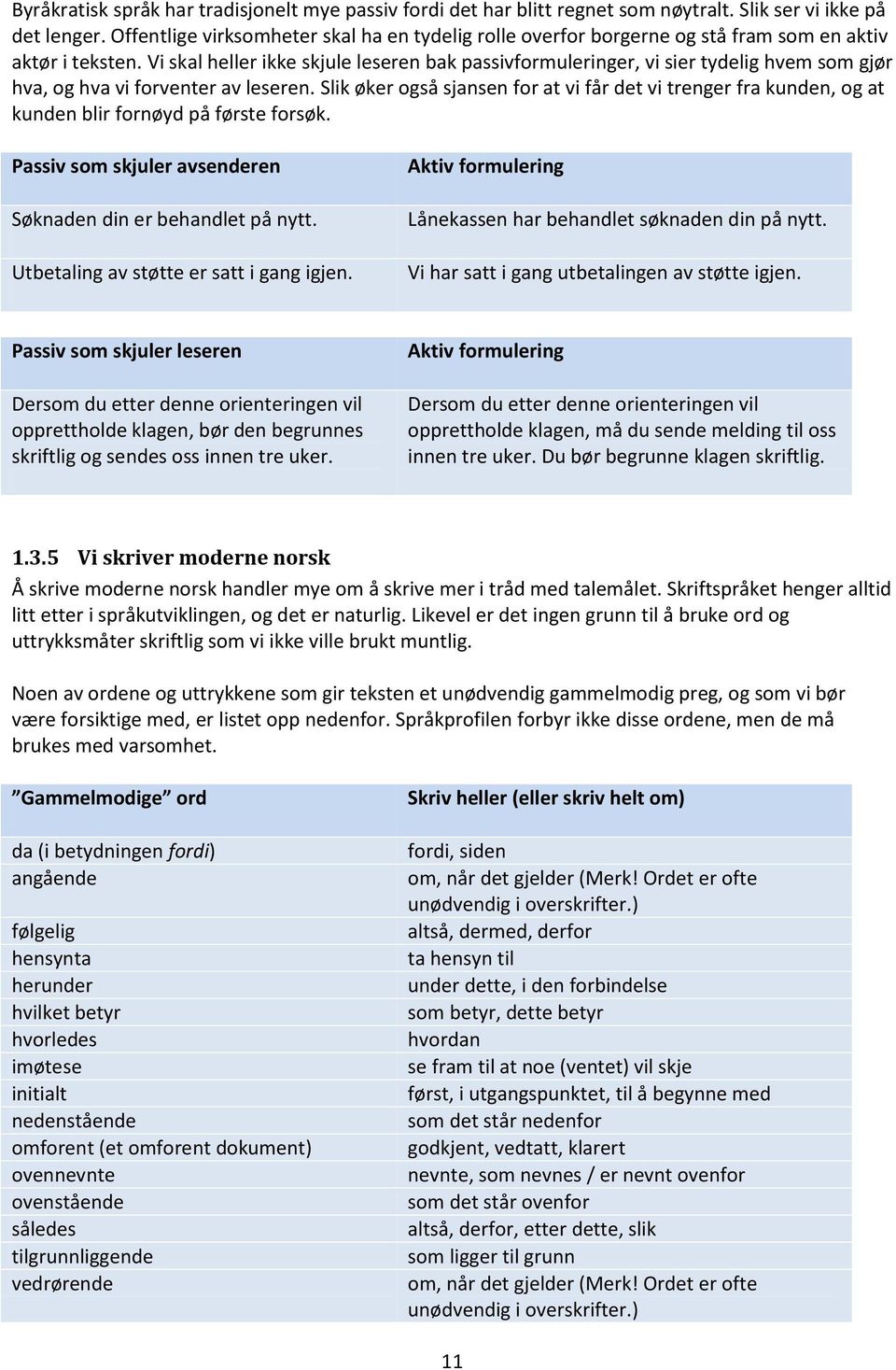 Vi skal heller ikke skjule leseren bak passivformuleringer, vi sier tydelig hvem som gjør hva, og hva vi forventer av leseren.