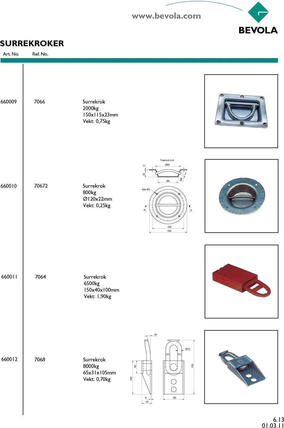 A-A 22 2 Ø80 660010 70672 Surrekrok 800kg Ø120x22mm Vekt: 0,25kg 4stk Ø5 A Ø6 Ø6