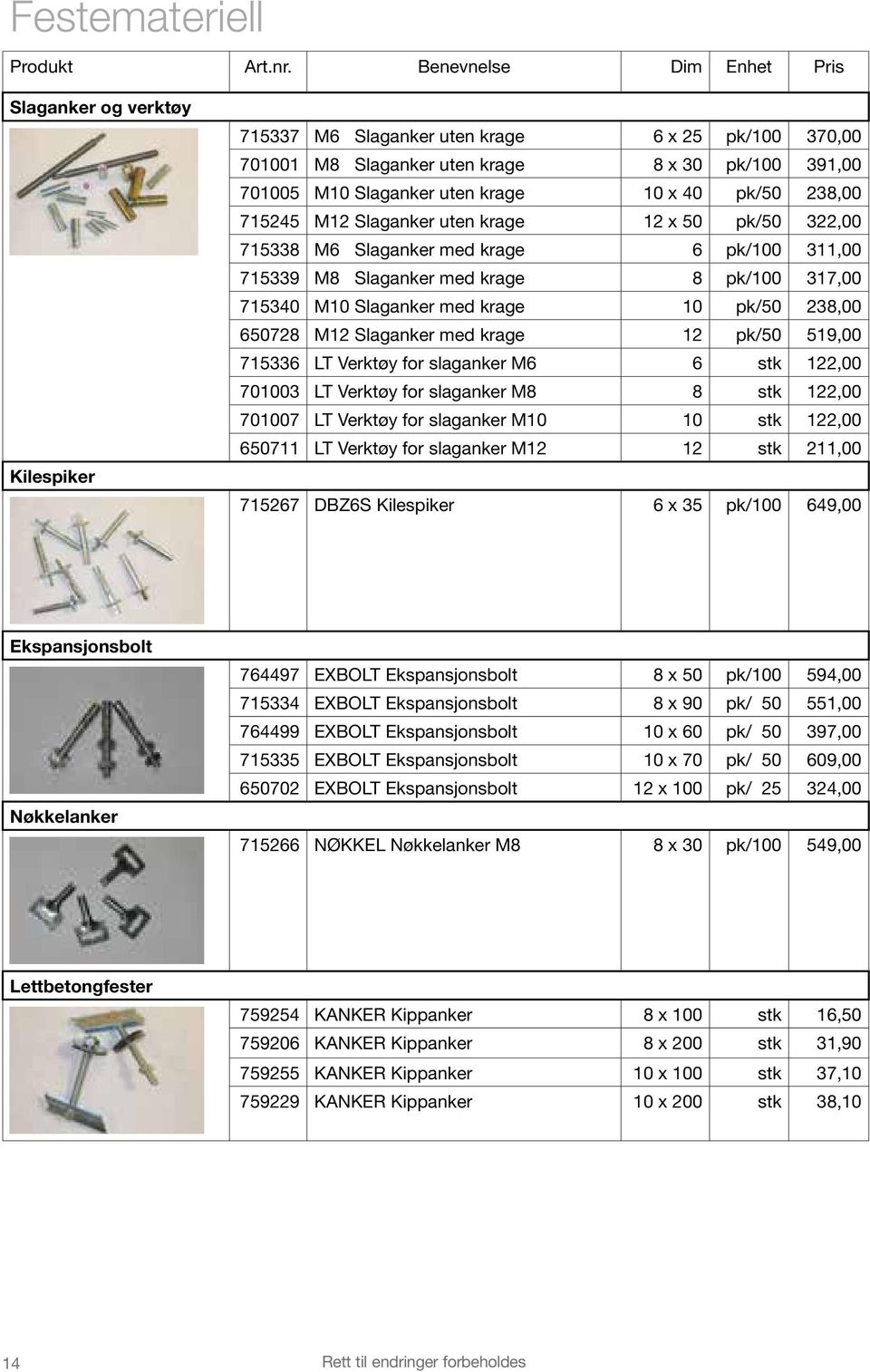 650728 M12 Slaganker med krage 12 pk/50 519,00 715336 LT Verktøy for slaganker M6 6 stk 122,00 701003 LT Verktøy for slaganker M8 8 stk 122,00 701007 LT Verktøy for slaganker M10 10 stk 122,00 650711