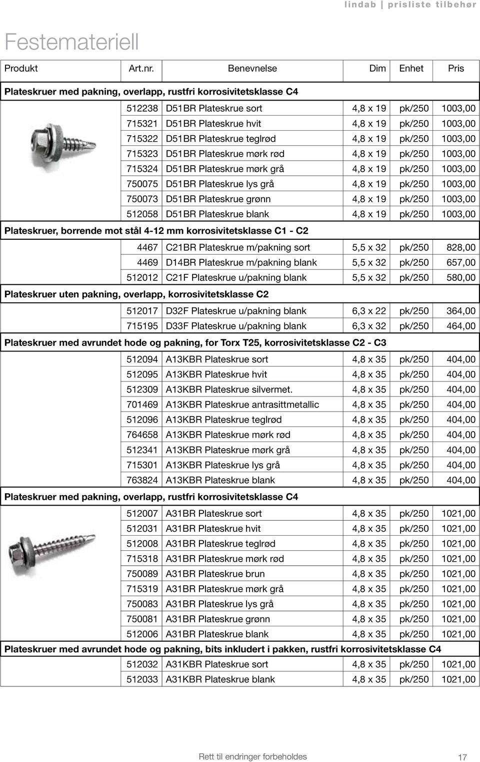 Plateskrue lys grå 4,8 x 19 pk/250 1003,00 750073 D51BR Plateskrue grønn 4,8 x 19 pk/250 1003,00 512058 D51BR Plateskrue blank 4,8 x 19 pk/250 1003,00 Plateskruer, borrende mot stål 4-12 mm