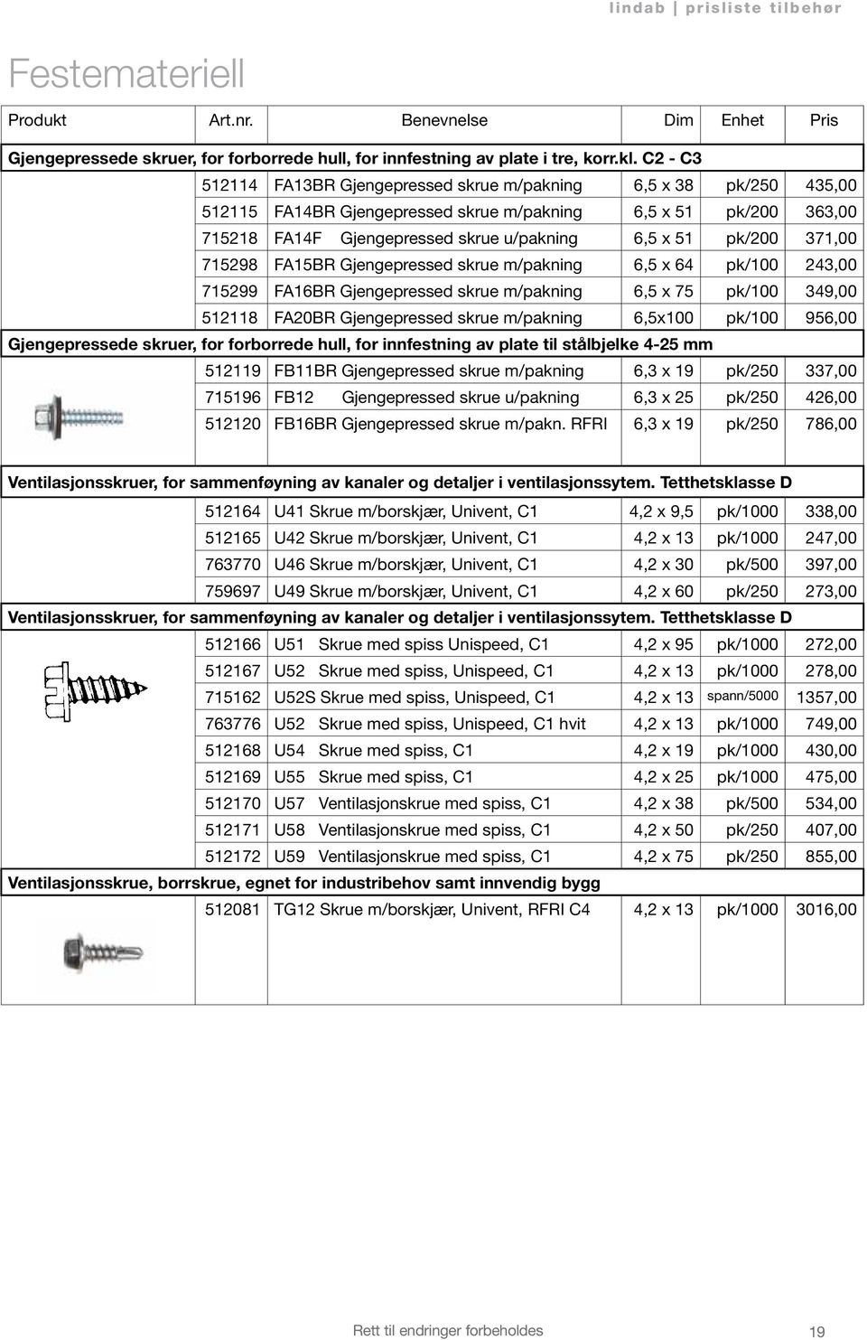 pk/200 371,00 715298 FA15BR Gjengepressed skrue m/pakning 6,5 x 64 pk/100 243,00 715299 FA16BR Gjengepressed skrue m/pakning 6,5 x 75 pk/100 349,00 512118 FA20BR Gjengepressed skrue m/pakning 6,5x100