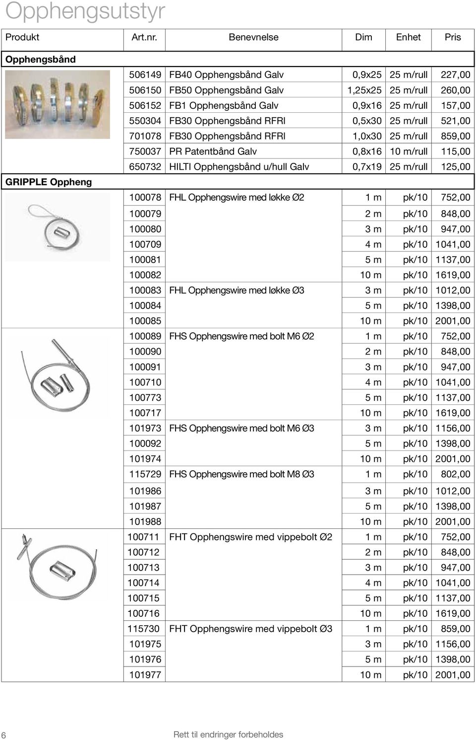 Galv 0,7x19 25 m/rull 125,00 100078 FHL Opphengswire med løkke Ø2 1 m pk/10 752,00 100079 2 m pk/10 848,00 100080 3 m pk/10 947,00 100709 4 m pk/10 1041,00 100081 5 m pk/10 1137,00 100082 10 m pk/10