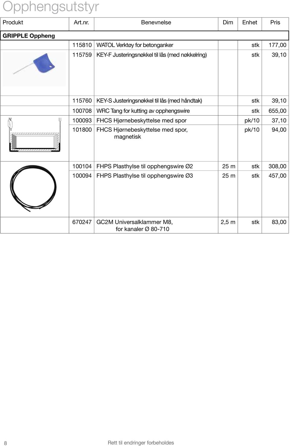 med spor pk/10 37,10 101800 FHCS Hjørnebeskyttelse med spor, pk/10 94,00 magnetisk 100104 FHPS Plasthylse til opphengswire Ø2 25 m stk 308,00 100094