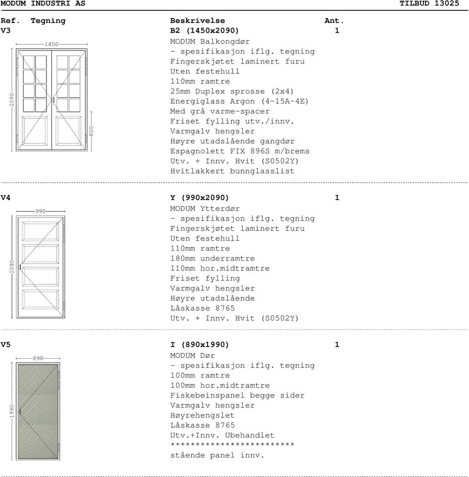 Høyre utadslående gangdør Espagnolett FIX 896S m/brems V4 Y (990x2090) MODUM Ytterdør 0mm ramtre 80mm underramtre 0mm hor.