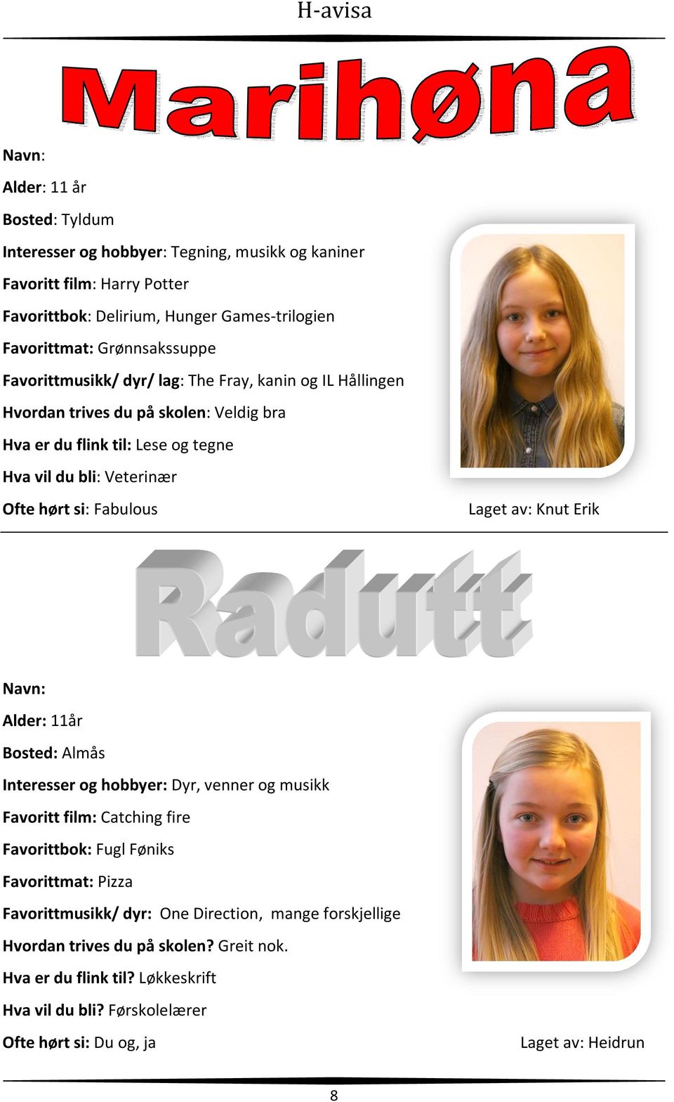 si: Fabulous Laget av: Knut Erik Navn: Alder: 11år Bosted: Almås Interesser og hobbyer: Dyr, venner og musikk Favoritt film: Catching fire Favorittbok: Fugl Føniks Favorittmat: Pizza