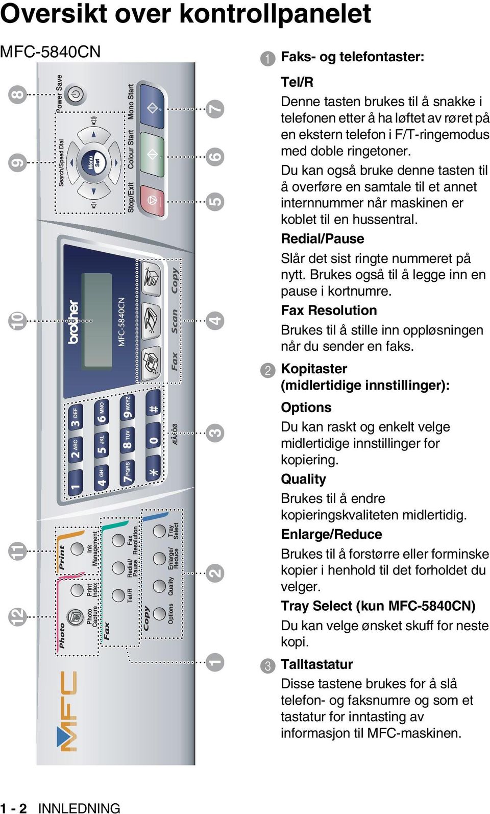 Redial/Pause Slår det sist ringte nummeret på nytt. Brukes også til å legge inn en pause i kortnumre. Fax Resolution Brukes til å stille inn oppløsningen når du sender en faks.