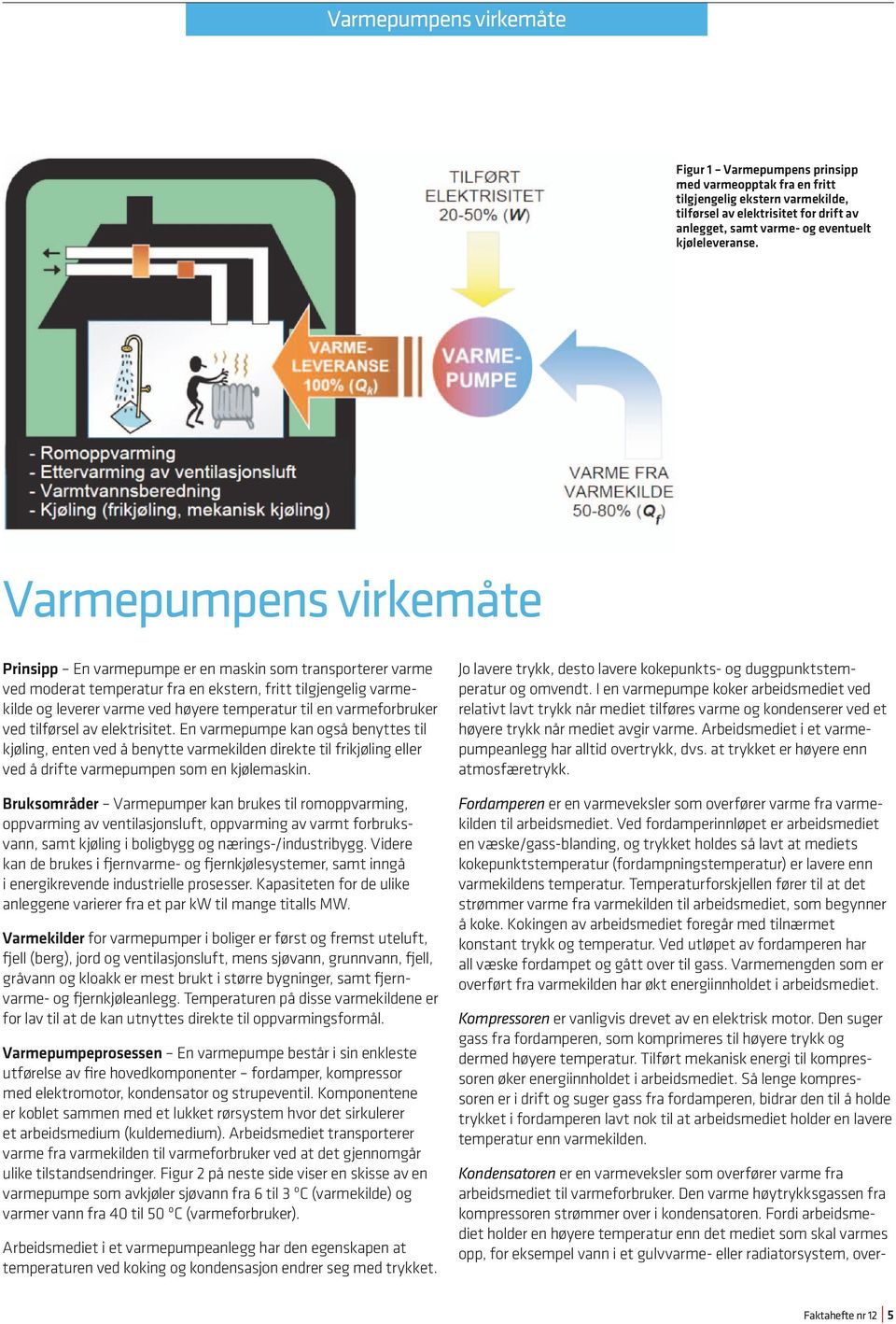 Varmepumpens virkemåte Prinsipp En varmepumpe er en maskin som transporterer varme ved moderat temperatur fra en ekstern, fritt tilgjengelig varmekilde og leverer varme ved høyere temperatur til en