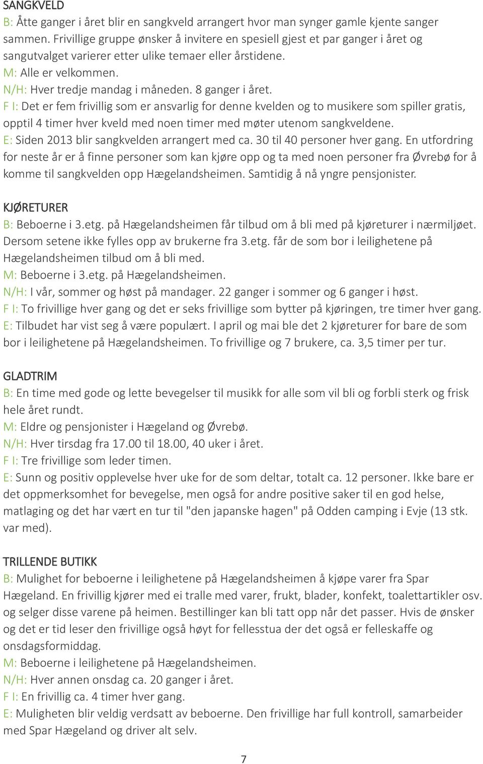 8 ganger i året. F I: Det er fem frivillig som er ansvarlig for denne kvelden og to musikere som spiller gratis, opptil 4 timer hver kveld med noen timer med møter utenom sangkveldene.