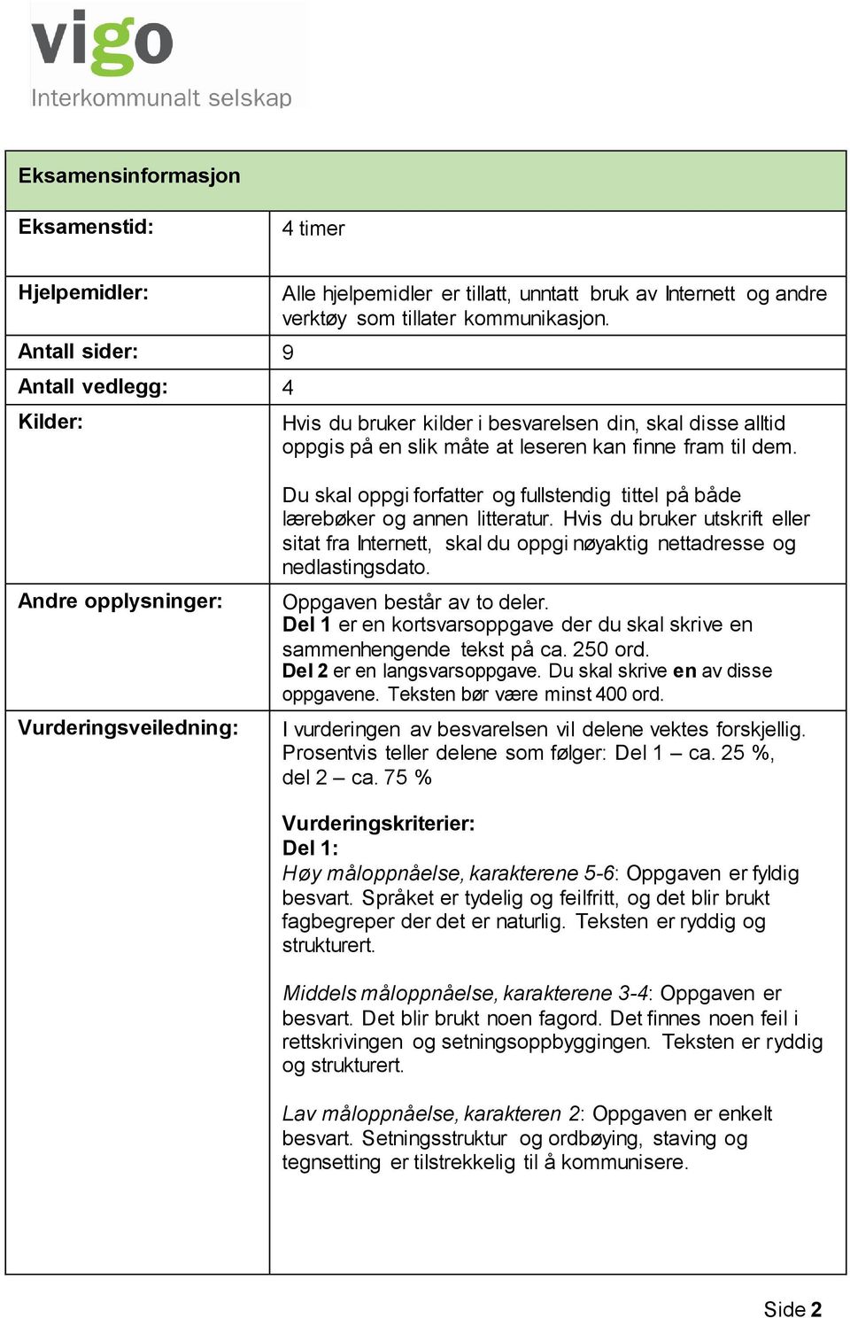 Andre opplysninger: Vurderingsveiledning: Du skal oppgi forfatter og fullstendig tittel på både lærebøker og annen litteratur.