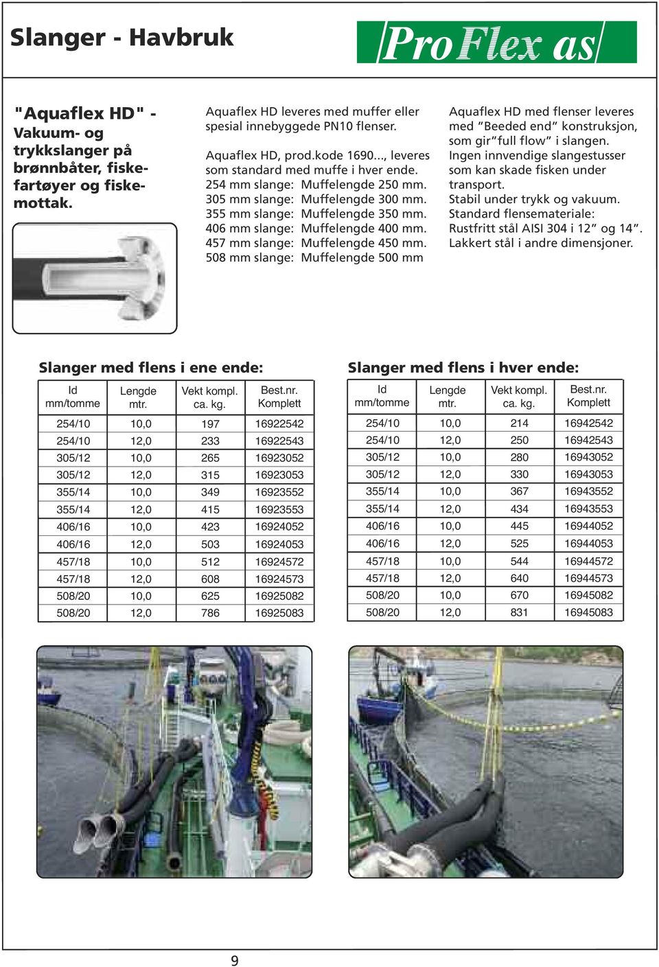 slange: Muffelengde 0 Aquaflex HD med flenser leveres med Beeded end konstruksjon, som gir full flow i slangen. Ingen innvendige slangestusser som kan skade fisken under transport.