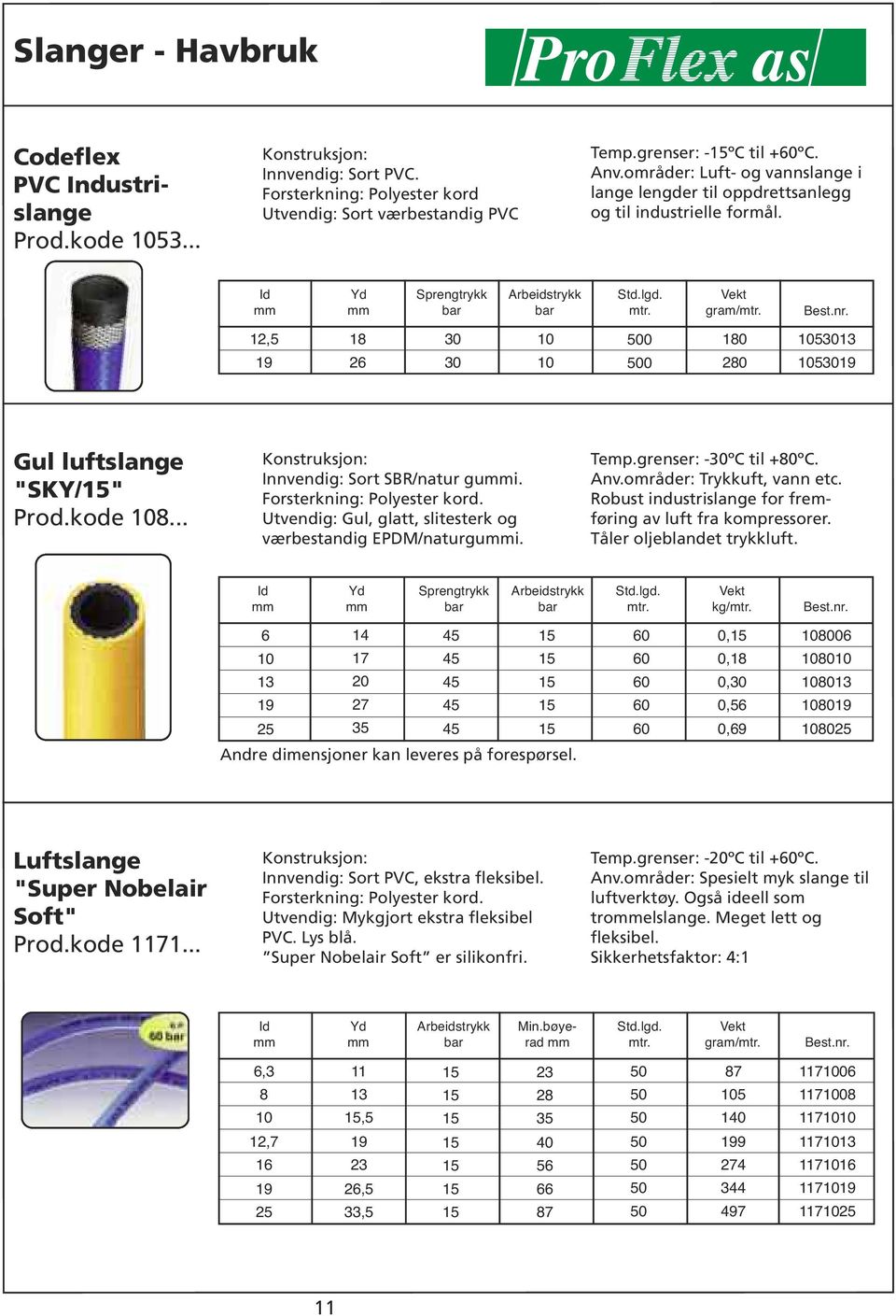 .. Innvendig: Sort SBR/natur gui. Forsterkning: Polyester kord. Utvendig: Gul, glatt, slitesterk og værbestandig EPDM/naturgui. Temp.grenser: -ºC til +0ºC. Anv.områder: Trykkuft, vann etc.